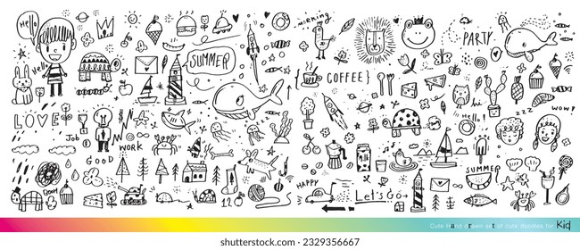 Vector illustration of Doodle cute for kid, Hand drawn set of cute doodles for decoration,Funny Doodle Hand Drawn, Summer, Doodle set of objects from a child's life,Cute animal