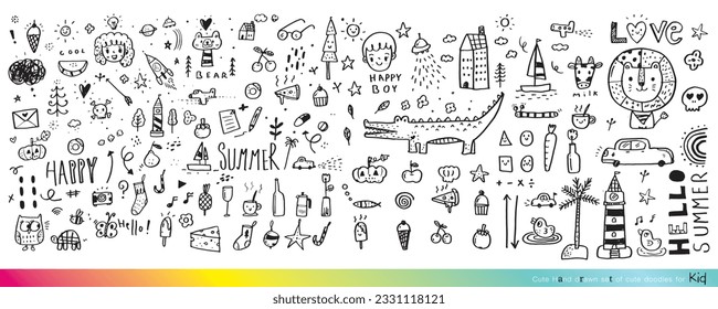 Vector illustration of Doodle cute for kid, Hand drawn set of cute doodles for decoration,Funny Doodle Hand Drawn, Summer, Doodle set of objects from a child's life,Cute animal