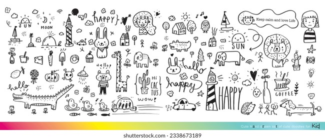 Vector illustration of Doodle cute for kid, Hand drawn set of cute doodles for decoration,Funny Doodle Hand Drawn, Summer, Doodle set of objects from a child's life,Cute animal