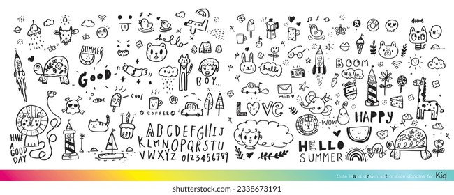 Vector illustration of Doodle cute for kid, Hand drawn set of cute doodles for decoration,Funny Doodle Hand Drawn, Summer, Doodle set of objects from a child's life,Cute animal