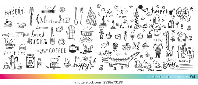 Ilustración vectorial de Doodle lindo para el niño, mano dibujó un conjunto de doodles bonitos para la decoración, divertida mano de garabatos, verano, conjunto de objetos de la vida de un niño, animal lindo