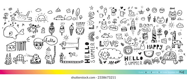 Vector illustration of Doodle cute for kid, Hand drawn set of cute doodles for decoration,Funny Doodle Hand Drawn, Summer, Doodle set of objects from a child's life,Cute animal