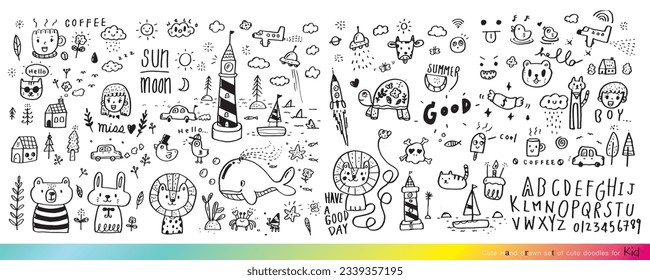 Vector illustration of Doodle cute for kid, Hand drawn set of cute doodles for decoration,Funny Doodle Hand Drawn, Summer, Doodle set of objects from a child's life,Cute animal