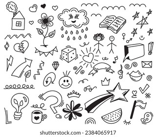 Ilustración vectorial de Doodle lindo para niños, conjunto dibujado por la mano para doodles lindos para la decoración sobre fondo blanco, Diodle divertido