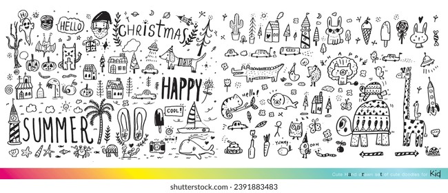 Vector illustration of Doodle cute for kid, Hand drawn set of cute doodles for decoration,Funny Doodle Hand Drawn, Summer, Doodle set of objects from a child's life,Cute animal