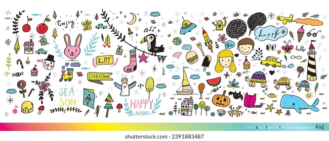 Vector illustration of Doodle cute for kid, Hand drawn set of cute doodles for decoration,Funny Doodle Hand Drawn, Summer, Doodle set of objects from a child's life,Cute animal