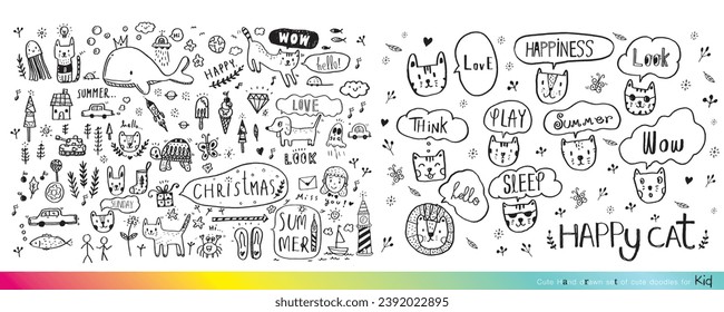 Vector illustration of Doodle cute for kid, Hand drawn set of cute doodles for decoration,Funny Doodle Hand Drawn, Summer, Doodle set of objects from a child's life,Cute animal