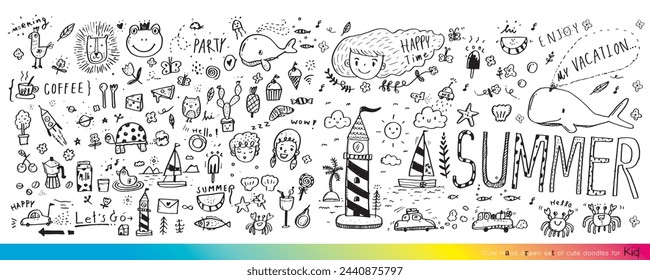 Vektor-Illustration von Doodle niedlich für Kind, Hand gezeichnete Satz von niedlichen Doodles für Dekoration, Lustige Doodle Hand gezeichnet, Sommer, Doodle-Satz von Objekten aus dem Leben eines Kindes, Nettes Tier