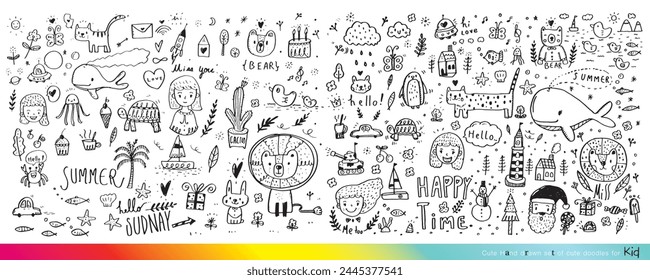 Vector illustration of Doodle cute for kid, Hand drawn set of cute doodles for decoration,Funny Doodle Hand Drawn, Summer, Doodle set of objects from a child's life,Cute animal
