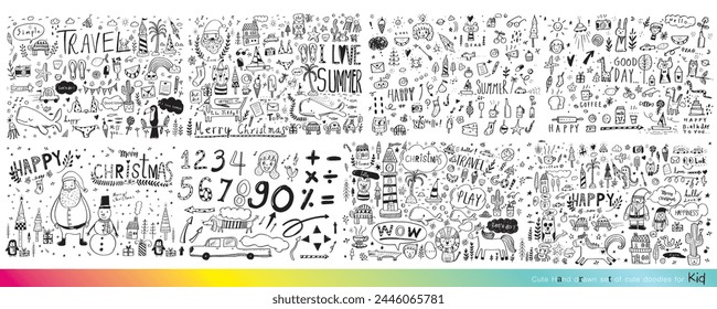 Vector illustration of Doodle cute for kid, Hand drawn set of cute doodles for decoration,Funny Doodle Hand Drawn, Summer, Doodle set of objects from a child's life,Cute animal