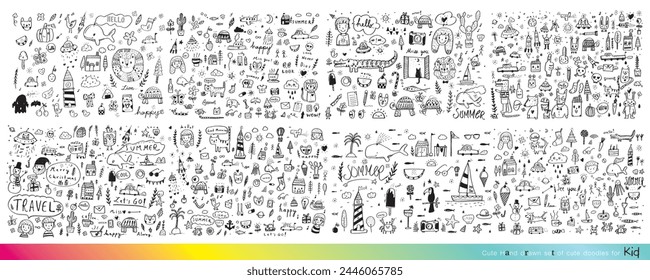 Vector illustration of Doodle cute for kid, Hand drawn set of cute doodles for decoration,Funny Doodle Hand Drawn, Summer, Doodle set of objects from a child's life,Cute animal