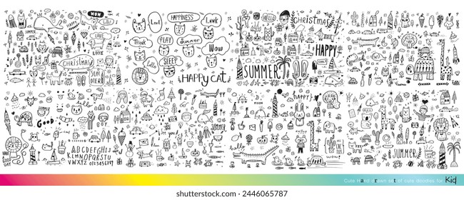 Vektorillustration von Doodle süß für Junge, Handgezeichnetes Set von niedlichen Doodles für Dekoration, Lustiges Doodle Hand gezeichnet, Sommer, Doodle-Set von Objekten aus dem Leben eines Kindes, Niedliches Tier