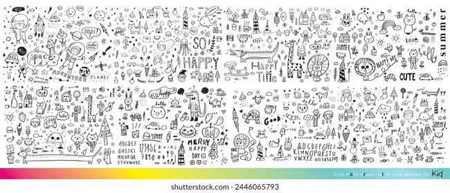 Vector illustration of Doodle cute for kid, Hand drawn set of cute doodles for decoration,Funny Doodle Hand Drawn, Summer, Doodle set of objects from a child's life,Cute animal