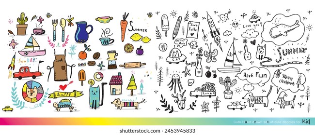 Vector illustration of Doodle cute for kid, Hand drawn set of cute doodles for decoration,Funny Doodle Hand Drawn, Summer, Doodle set of objects from a child's life,Cute animal