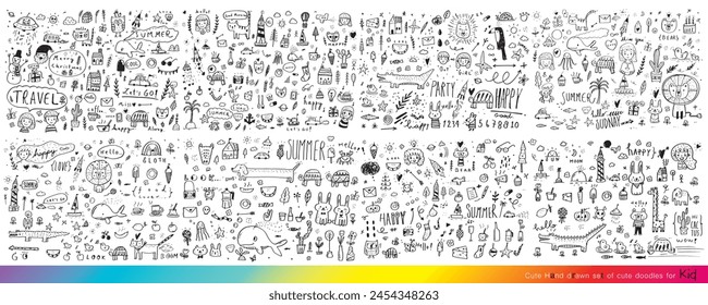 Vektorillustration von Doodle süß für Junge, Handgezeichnetes Set von niedlichen Doodles für Dekoration, Lustiges Doodle Hand gezeichnet, Sommer, Doodle-Set von Objekten aus dem Leben eines Kindes, Niedliches Tier