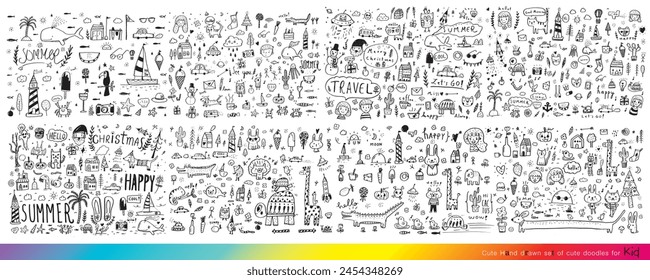 Ilustración vectorial de Doodle lindo para el niño, Conjunto dibujado a mano de garabatos lindos para la decoración, Dibujado a mano de garabato divertido, Verano, Doodle conjunto de objetos de la vida de un niño, Lindo animal