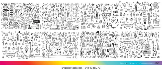 Vector illustration of Doodle cute for kid, Hand drawn set of cute doodles for decoration,Funny Doodle Hand Drawn, Summer, Doodle set of objects from a child's life,Cute animal