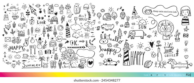 Vector illustration of Doodle cute for kid, Hand drawn set of cute doodles for decoration,Funny Doodle Hand Drawn, Summer, Doodle set of objects from a child's life,Cute animal