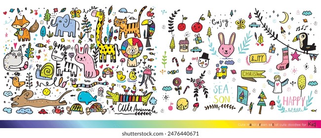Vector illustration of Doodle cute for kid, Hand drawn set of cute doodles for decoration,Funny Doodle Hand Drawn, Summer, Doodle set of objects from a child's life,Cute animal