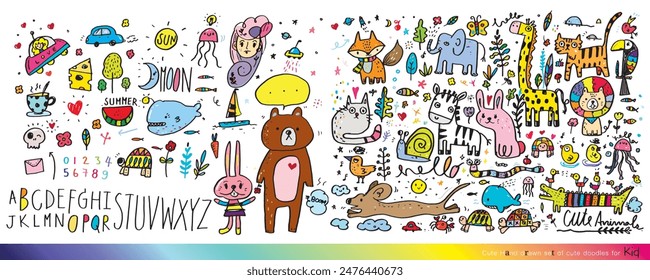 Vector illustration of Doodle cute for kid, Hand drawn set of cute doodles for decoration,Funny Doodle Hand Drawn, Summer, Doodle set of objects from a child's life,Cute animal