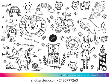 Vector illustration of Doodle cute for kid, Hand drawn set of cute doodles for decoration,Funny Doodle Hand Drawn, Summer, Doodle set of objects from a child's life,Cute animal