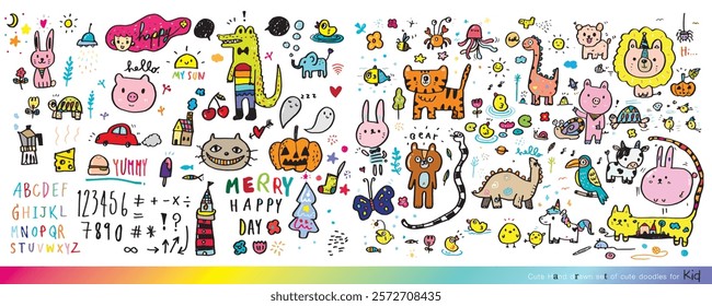 Vector illustration of Doodle cute for kid, Hand drawn set of cute doodles for decoration,Funny Doodle Hand Drawn, Summer, Doodle set of objects from a child's life,Cute animal