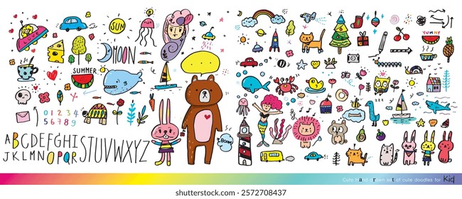 Vector illustration of Doodle cute for kid, Hand drawn set of cute doodles for decoration,Funny Doodle Hand Drawn, Summer, Doodle set of objects from a child's life,Cute animal
