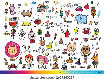 Vector illustration of Doodle cute for kid, Hand drawn set of cute doodles for decoration,Funny Doodle Hand Drawn, Summer, Doodle set of objects from a child's life,Cute animal