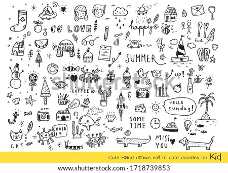 Vector illustration of Doodle cute for kid, Hand drawn set of cute doodles for decoration,Funny Doodle Hand Drawn, Summer, Doodle set of objects from a child's life