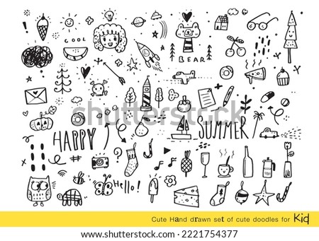 Vector illustration of Doodle cute for kid, Hand drawn set of cute doodles for decoration,Funny Doodle Hand Drawn, Summer, Doodle set of objects from a child's life,Cute animal