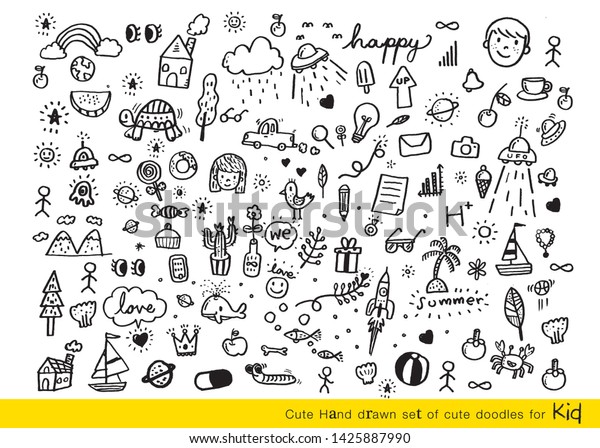 Vector illustration of Doodle\
cute for kid, Hand drawn set of cute doodles for decoration,Funny\
Doodle Hand Drawn,Summer, Doodle set of objects from a child\'s\
life