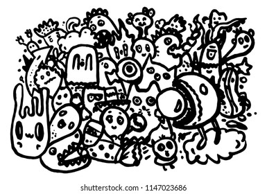 Vector illustration of Doodle cute Monster background. Hand drawing Doodle