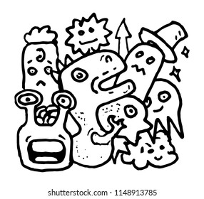 Vector illustration of Doodle cute Monster background. Hand drawing Doodle.