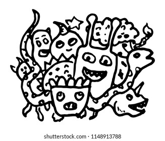 Vector illustration of Doodle cute Monster background. Hand drawing Doodle.