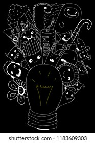Vector illustration of Doodle cute Monster background and bulb. Hand drawing Doodle