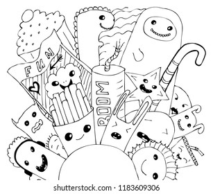 Vector illustration of Doodle cute Monster background and bulb. Hand drawing Doodle