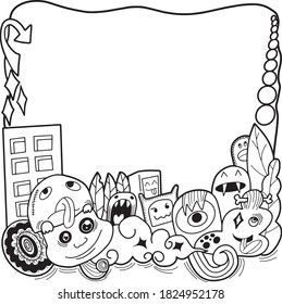 Vector illustration of doodle cute monster, hand drawing doodle.with copy space and coloring book