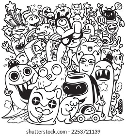 Ilustración vectorial del doodle lindo monstruo, estilo , negro y blanco 