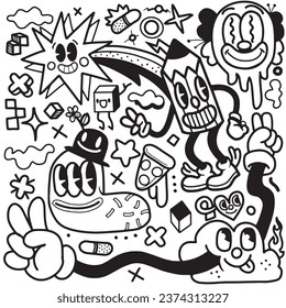 Vector illustration of Doodle cute Monster background ,Hand drawing Doodle, black and white ,coloring book   