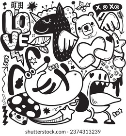Vector illustration of Doodle cute Monster background ,Hand drawing Doodle, black and white ,coloring book   