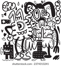 Vector illustration of Doodle cute Monster background ,Hand drawing Doodle, black and white ,coloring book   