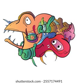 Vector illustration of Doodle cute Monster, face, eye, bird, fang and skull . Hand drawing Doodle