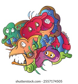 Vector illustration of Doodle cute Monster, face, eye, bird, fang and skull . Hand drawing Doodle