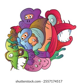 Vector illustration of Doodle cute Monster, face, eye, bird, fang and skull . Hand drawing Doodle