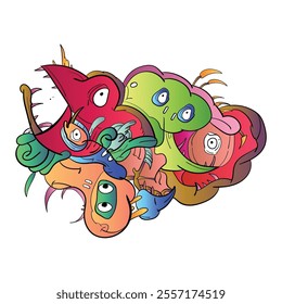 Vector illustration of Doodle cute Monster, face, eye, bird, fang and skull . Hand drawing Doodle