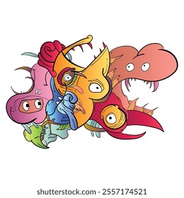 Vector illustration of Doodle cute Monster, face, eye, bird, fang and skull . Hand drawing Doodle