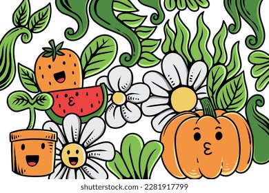 Vector illustration of Doodle cute plant Monster background