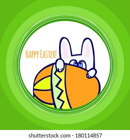 vector illustration. Doodle decorative eggs and rabbit for Easter in the green paper frame. Rabbit hiding behind easter egg