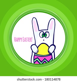 vector illustration. Doodle decorative eggs and rabbit for Easter in the green paper frame. Easter bunny holding egg
