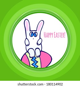 vector illustration. Doodle decorative eggs and rabbit for Easter in the green paper frame. bunny sitting on an Easter egg